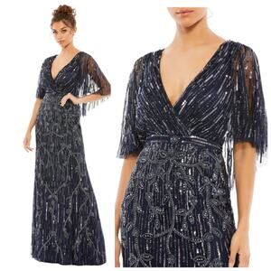 Mac Duggal 9064 Midnight Navy Blue Sequin Beaded Cape Sleeve Fringe Gown Size 4